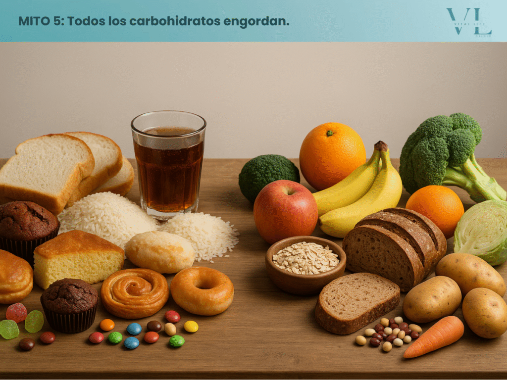 Una mesa con alimentos, representando la comparativa de carbohidratos simples y complejos