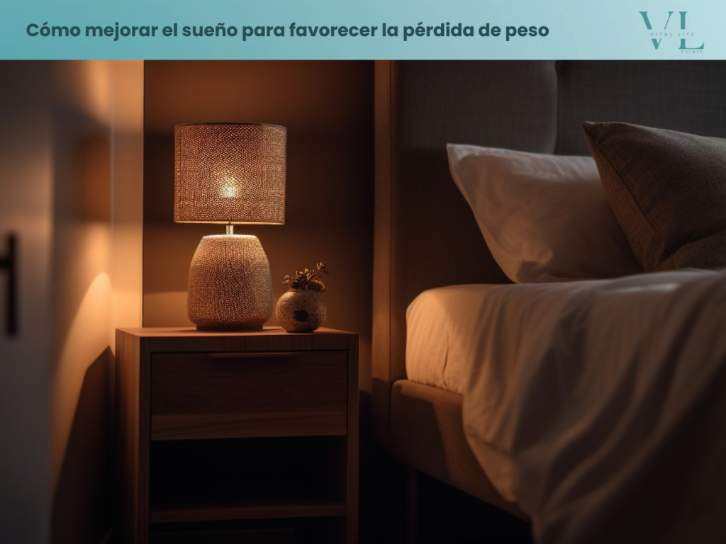 Ambiente de dormitorio relajante y ordenado para favorecer un sueño reparador y el control metabólico.